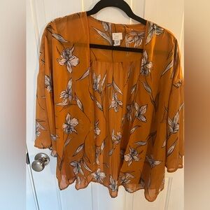A New Day Women's Open Front Top/Kimono OSFM Orange Floral Print Pleated Back